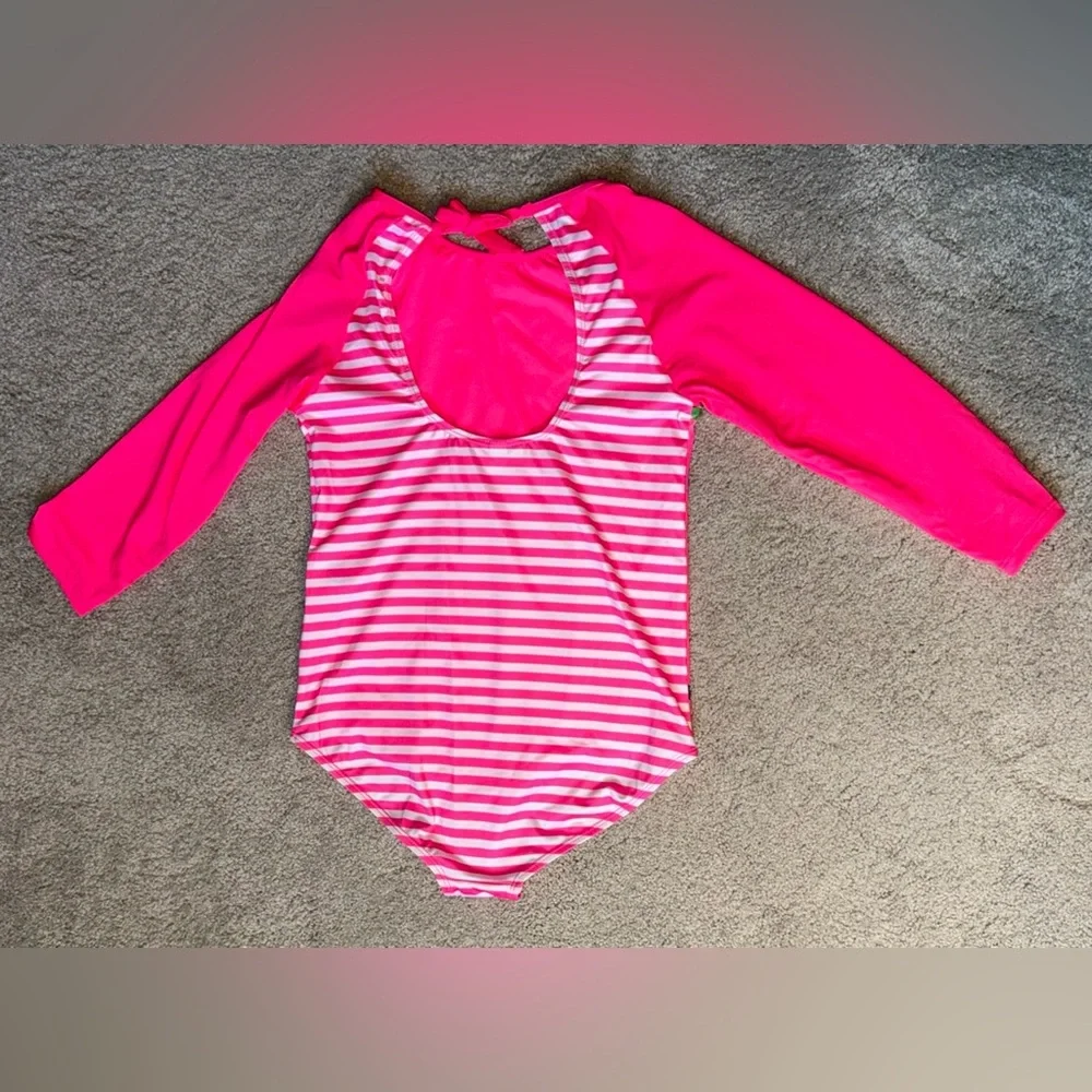 Girls 14/16 Pink Platinum Hot Pink Striped 1 Pc Swimsuit Rash Guard - NWT
